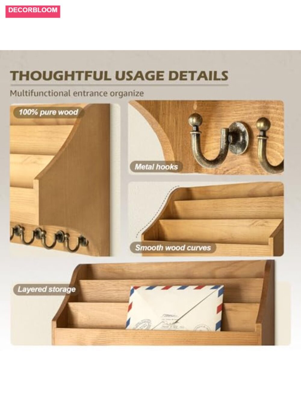 Rustic 3-Tier Key Holder Wall Mount with Sturdy Hooks Solid Pine Wood Mail - Picture 4 of 5